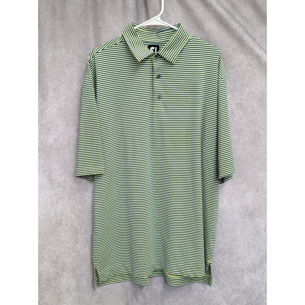 FootJoy ProDry Mens XL Golf Polo Shirt Lime Green Navy Blue Striped Short Sleeve